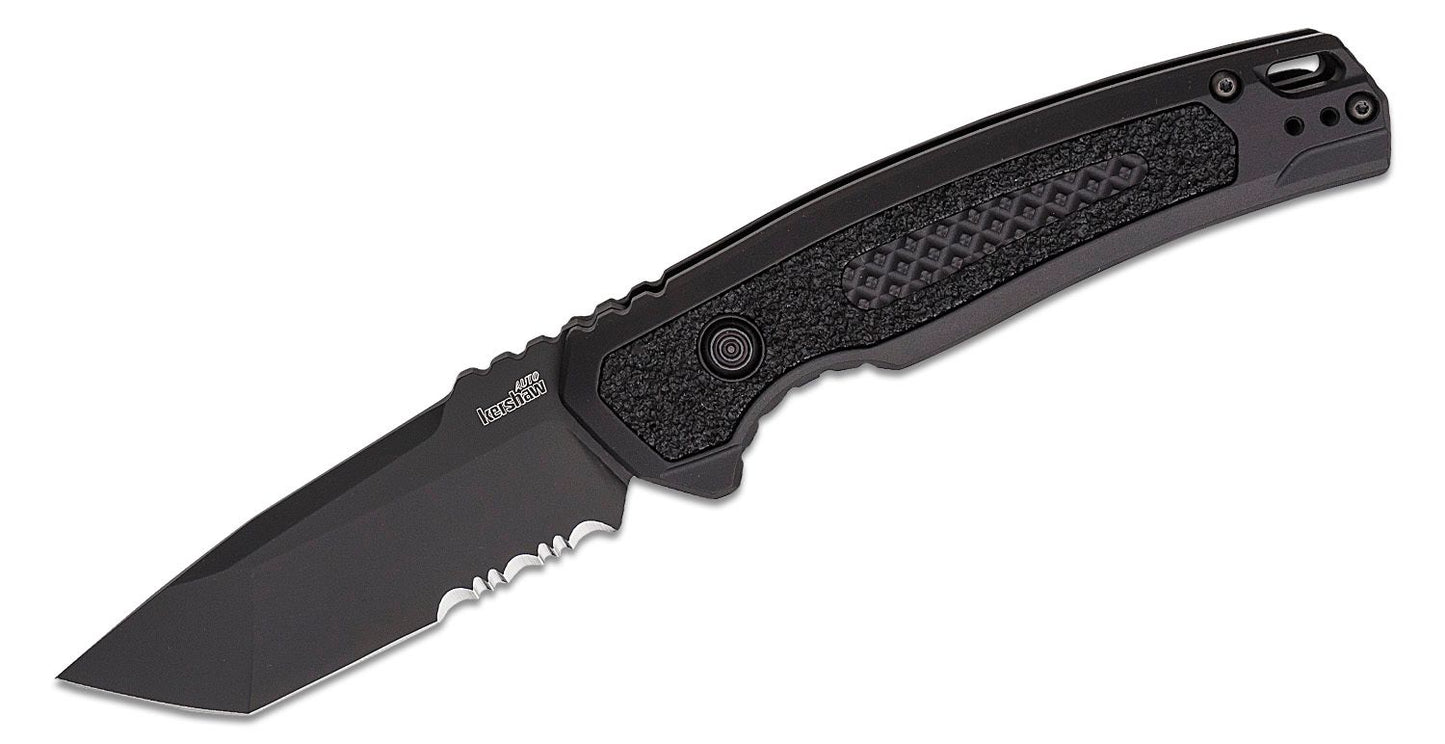 Kershaw 7105 Launch 16 AUTO Folding Knife 3.45" CPM-M4 Black Cerakote Tanto Combo Blade, Black Aluminum Handles with Trac-Tec Inlays, Reversible Clip