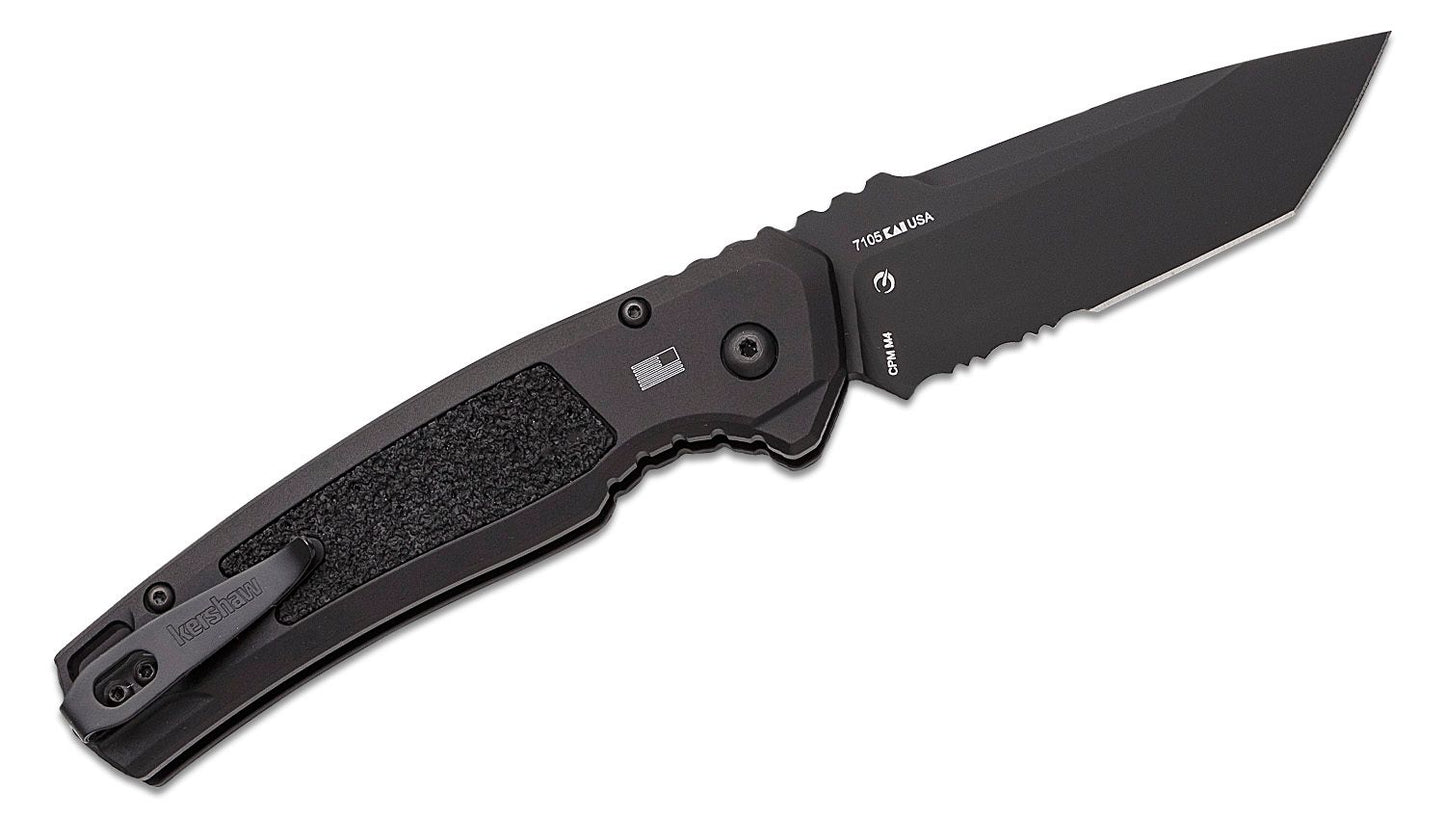 Kershaw 7105 Launch 16 AUTO Folding Knife 3.45" CPM-M4 Black Cerakote Tanto Combo Blade, Black Aluminum Handles with Trac-Tec Inlays, Reversible Clip