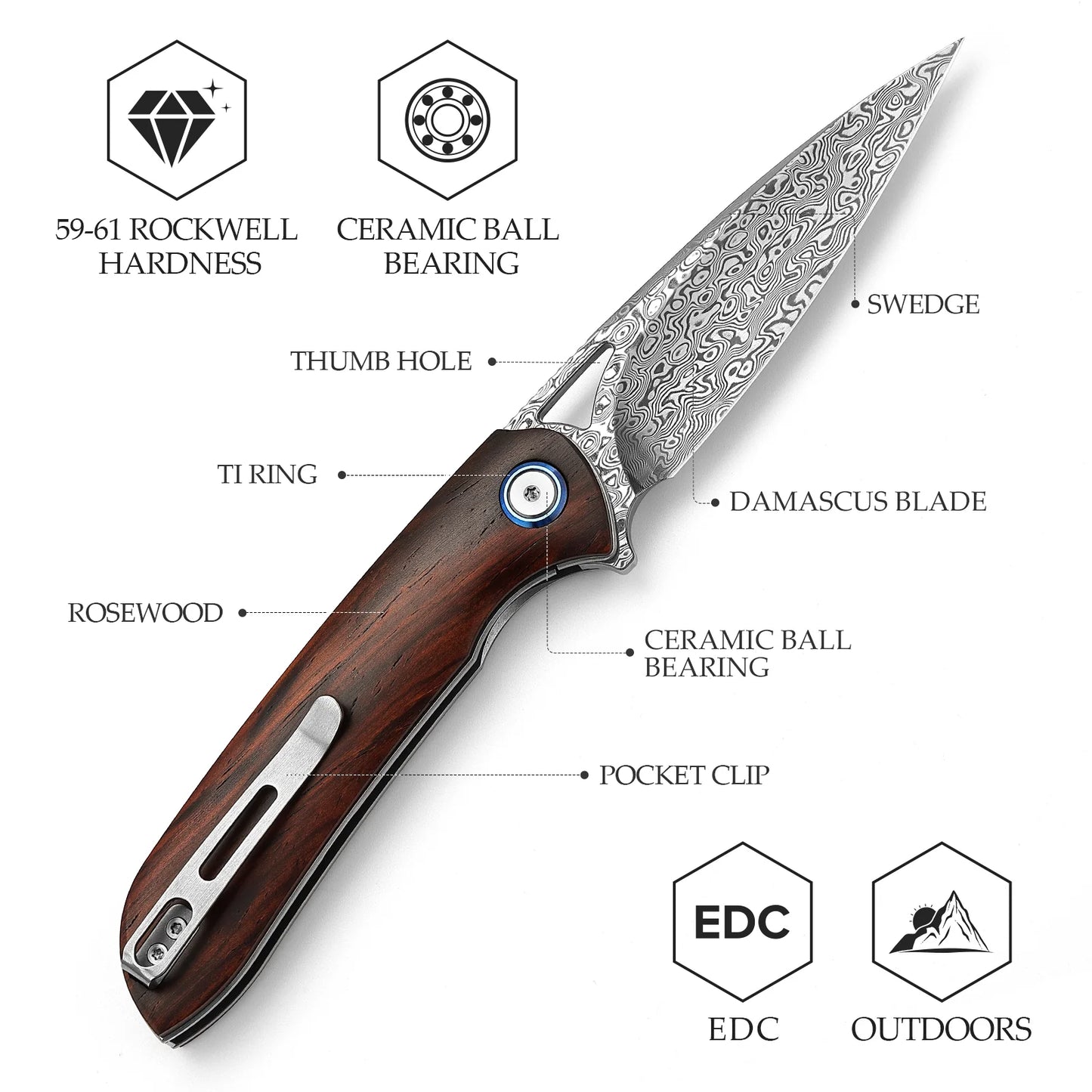 Trivisa SGR-01 Folding Knife Rosewood Handle Damascus Drop Point Plain Edge NIB