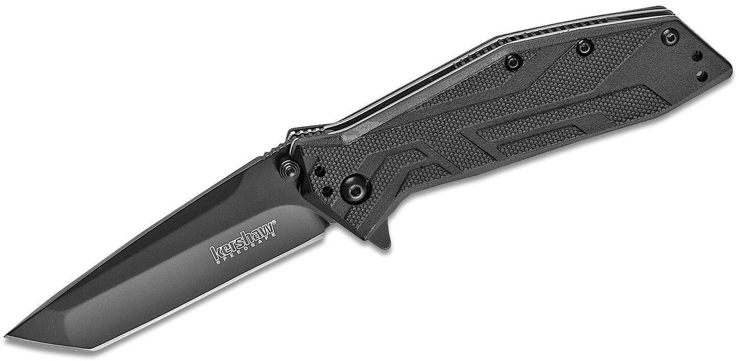 Kershaw 1990 Brawler Assisted Flipper 3.25" Black Tanto Blade, Black GFN Handles