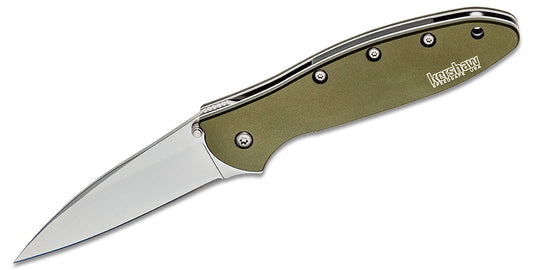 Kershaw 1660OL Ken Onion Leek Assisted Flipper Knife 3" Bead Blast Plain Blade, OD Green Aluminum Handles