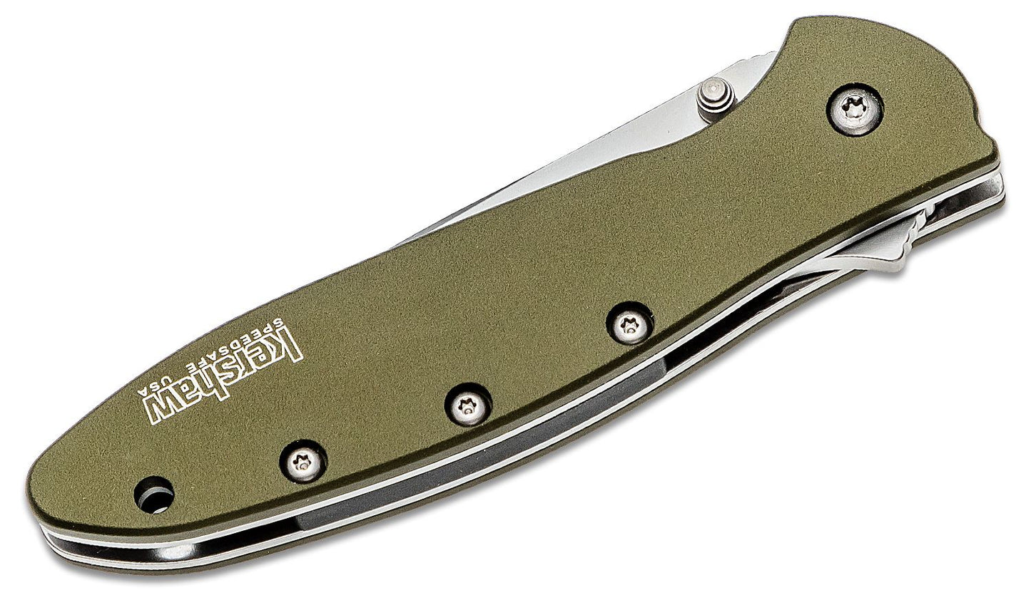 Kershaw 1660OL Ken Onion Leek Assisted Flipper Knife 3" Bead Blast Plain Blade, OD Green Aluminum Handles