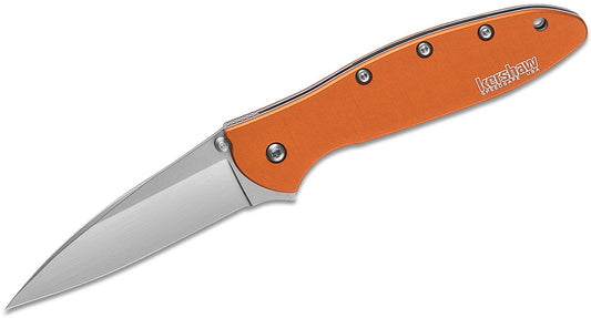 Kershaw 1660OR Ken Onion Leek Assisted Flipper Knife 3" Bead Blast Plain Blade, Orange Aluminum Handles