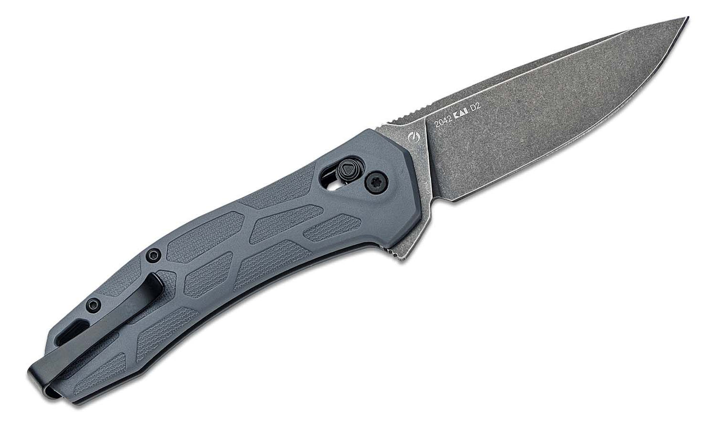 Kershaw 2042 Covalent DuraLock KVT Flipper Knife 3.2" D2 BlackWashed Drop Blade, Gray Glass-Reinforced Nylon Handles, Reversible Clip