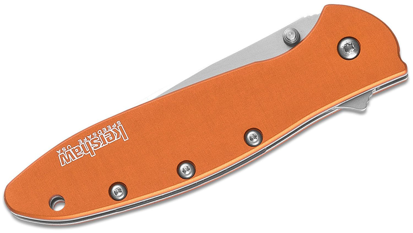 Kershaw 1660OR Ken Onion Leek Assisted Flipper Knife 3" Bead Blast Plain Blade, Orange Aluminum Handles