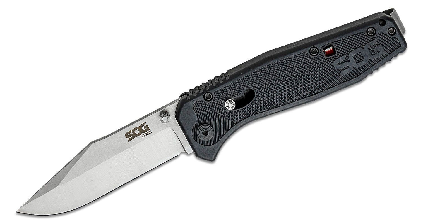 SOG Flare Assisted Folding Knife 3.5" Satin Plain Blade, Black GRN Handles - FLA1001-CP