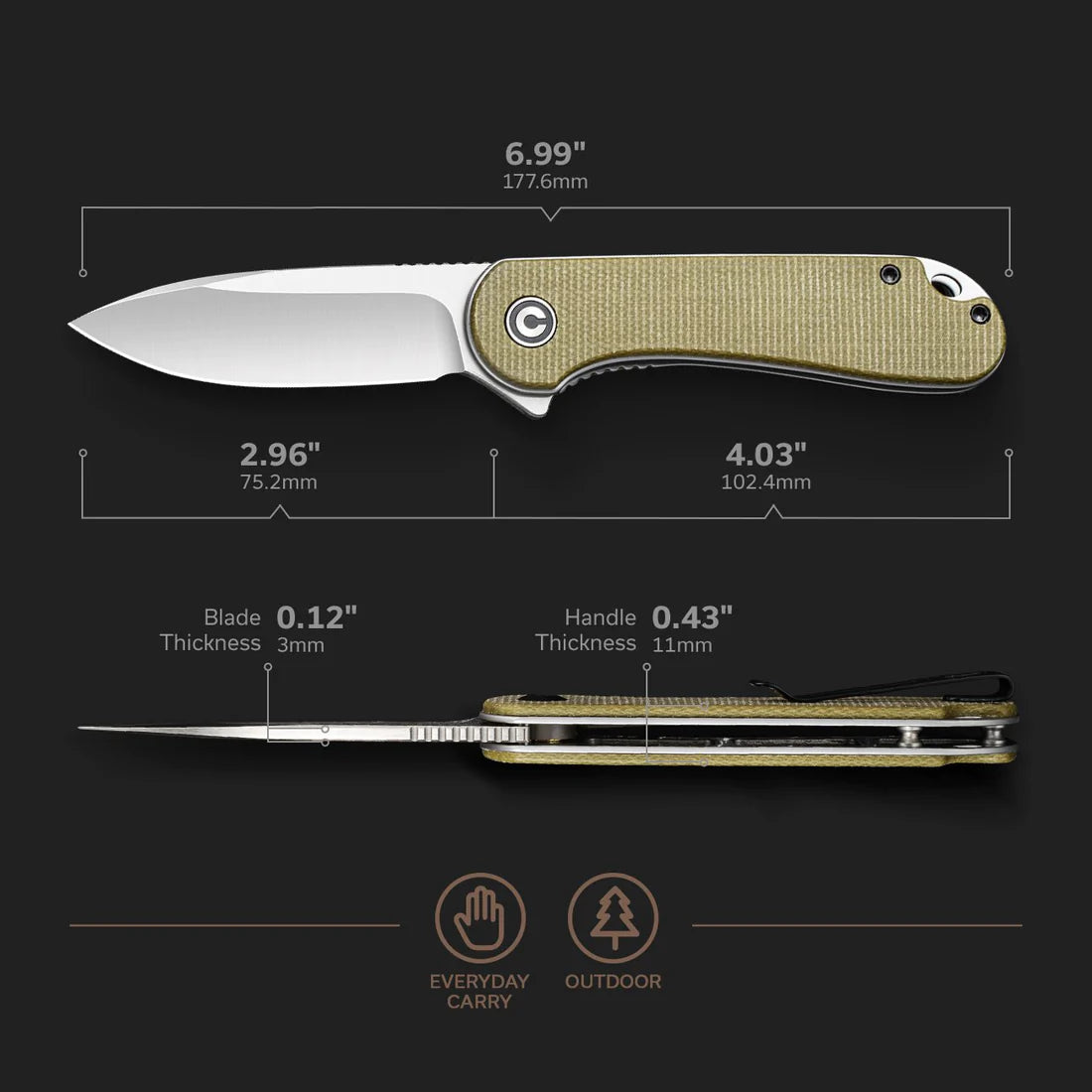 CIVIVI Elementum Flipper Knife Micarta Handle (2.96" D2 Blade) - C907S