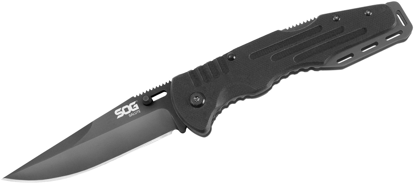 SOG Salute Folding Knife 3.625" Black Plain Blade, G10 Handles - FF11-CP