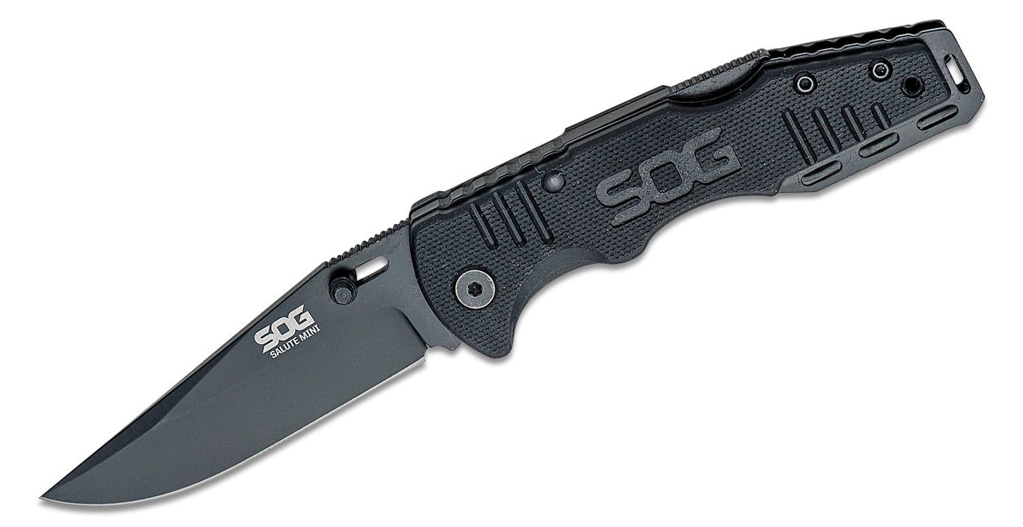 SOG Salute Mini Folding Knife 3.1" Black Plain Clip Point Blade, G10 Handles - FF1101-CP