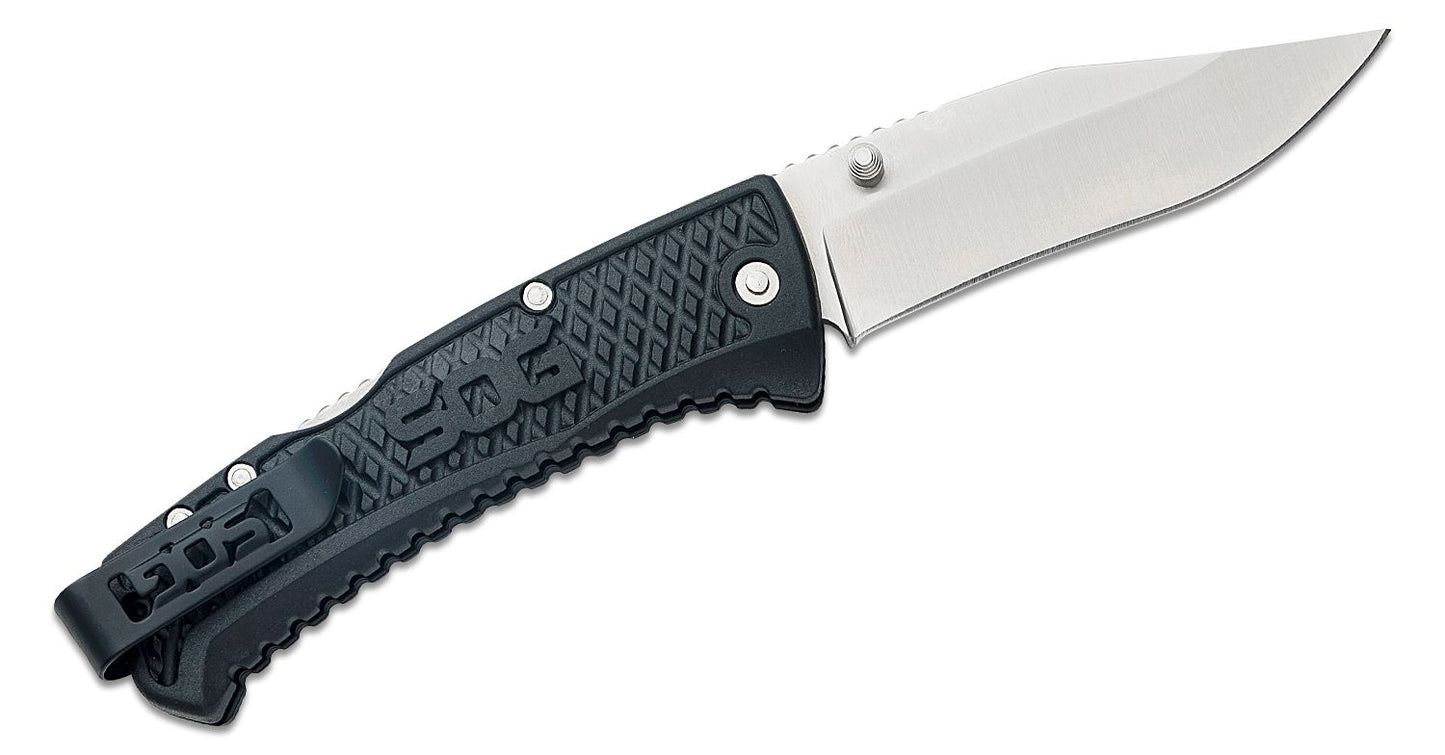 SOG Traction Folding Knife 3.5" Clip Point Plain Blade, Black GRN Handles - TD1011-CP