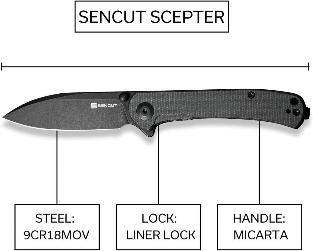 SENCUT Scepter Flipper Knife Dark Green Canvas Micarta Handle (2.97" Black Stonewashed 9Cr18MoV Blade) SA03G