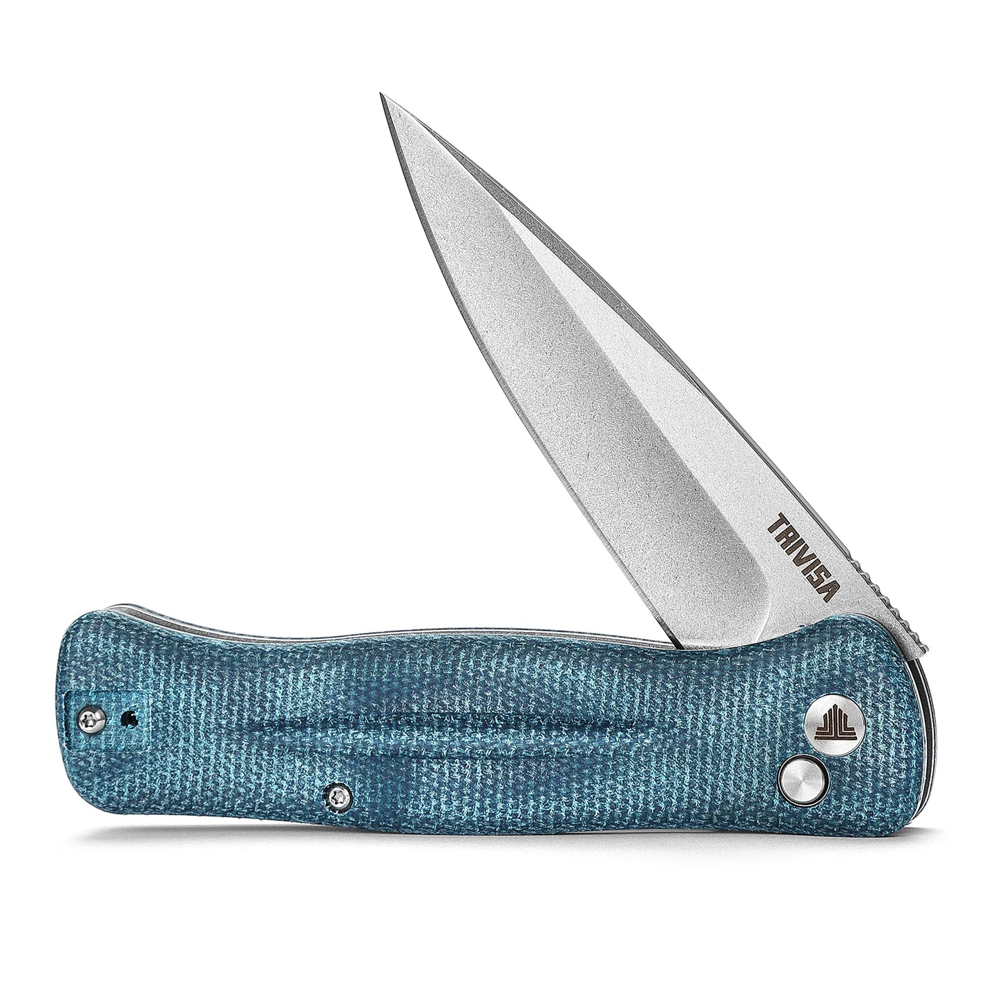 TRIVISA Dor-04Bu Button Lock,3.66" 14C28N Steel,Micarta Handle