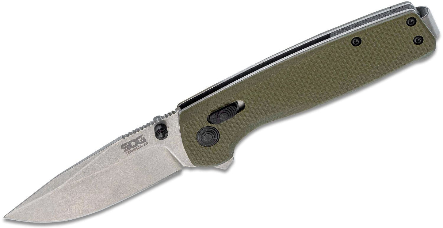 SOG Terminus XR Flipper Knife 2.95" Stonewashed Point Blade, OD Green G10 Handles - XR Lock - TM1022-BX