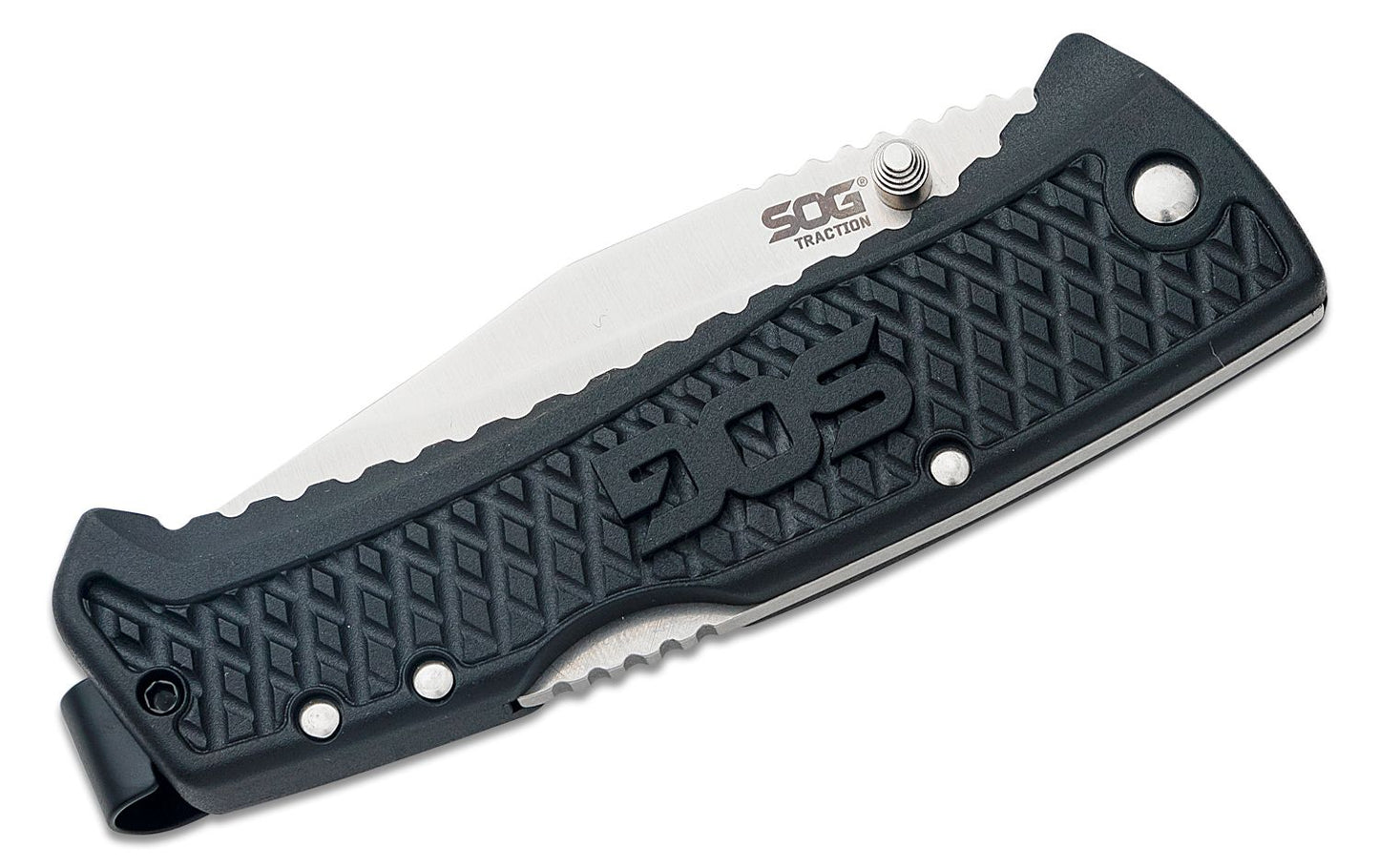 SOG Traction Folding Knife 3.5" Clip Point Plain Blade, Black GRN Handles - TD1011-CP