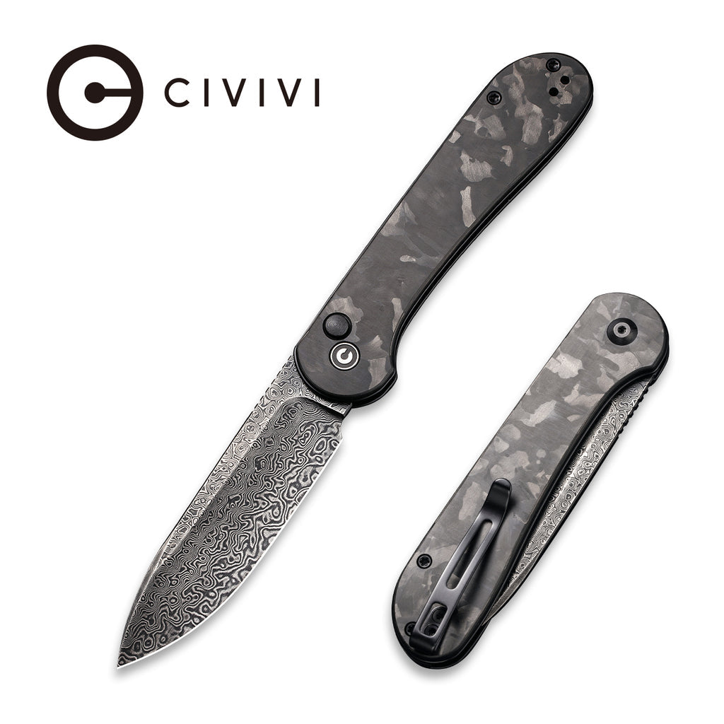 CIVIVI Elementum Button Lock Knife Carbon Fiber Handle (3.47" Damascus Blade) - C2103DS-3