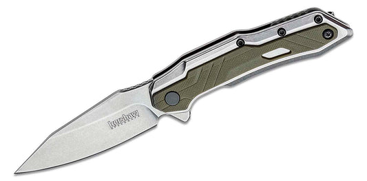 Kershaw Starter Series 1369 Salvage Assisted Flipper Knife 2.9" Stonewashed Clip Point Blade, Stainless Steel Handles with Olive GFN Overlays