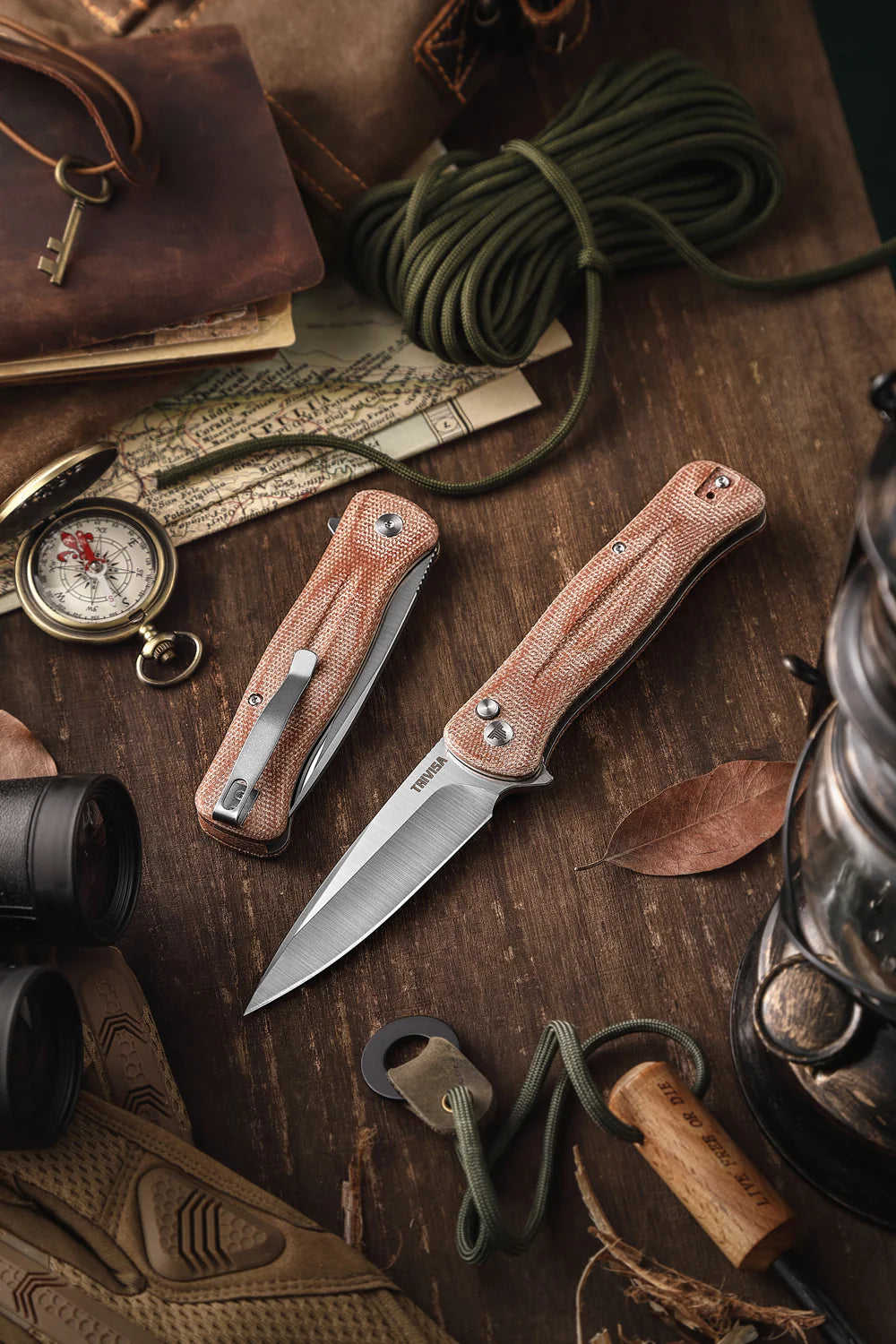 TRIVISA Dor-04Br Button Lock,3.66" 14C28N Steel,Micarta Handle