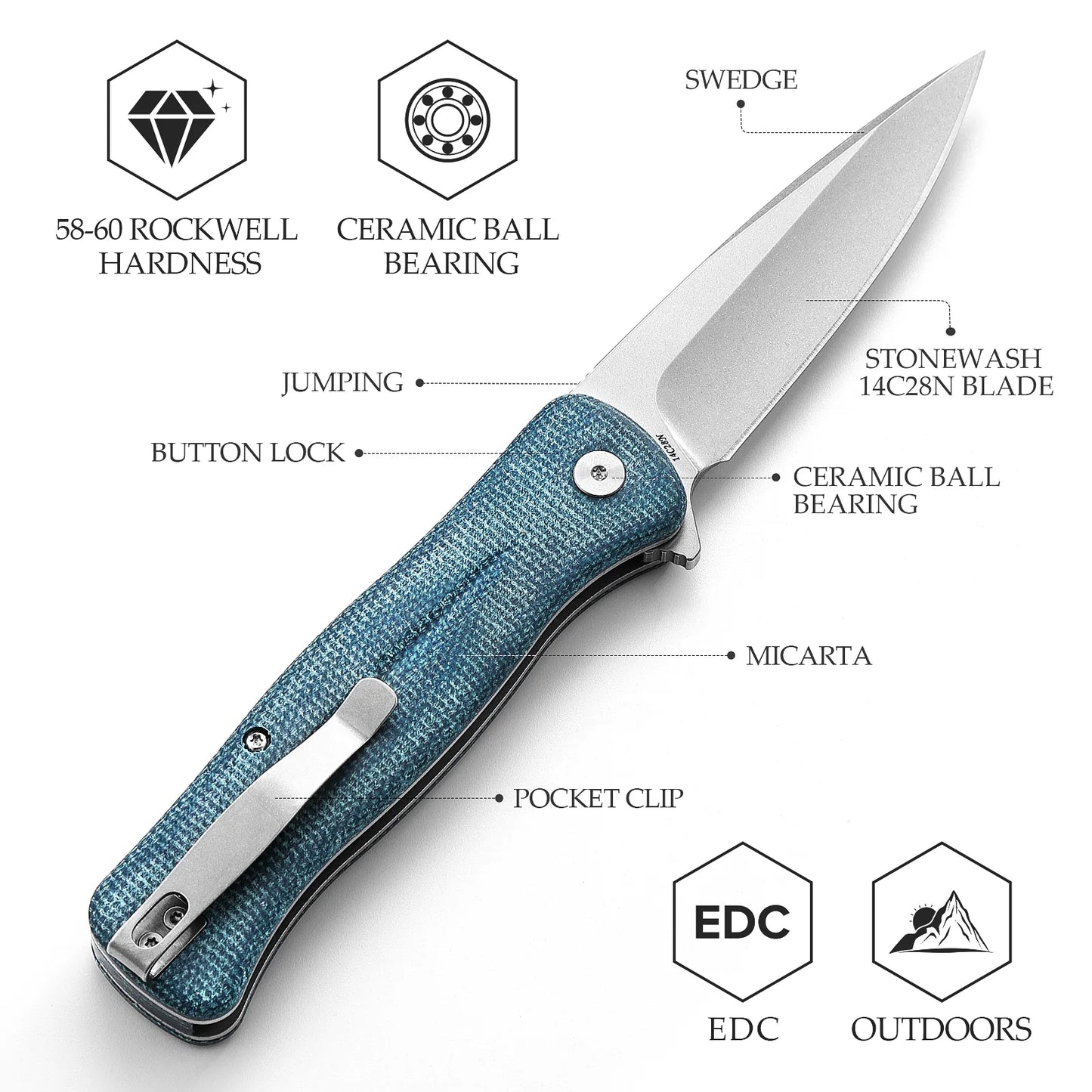 TRIVISA Dor-04Bu Button Lock,3.66" 14C28N Steel,Micarta Handle