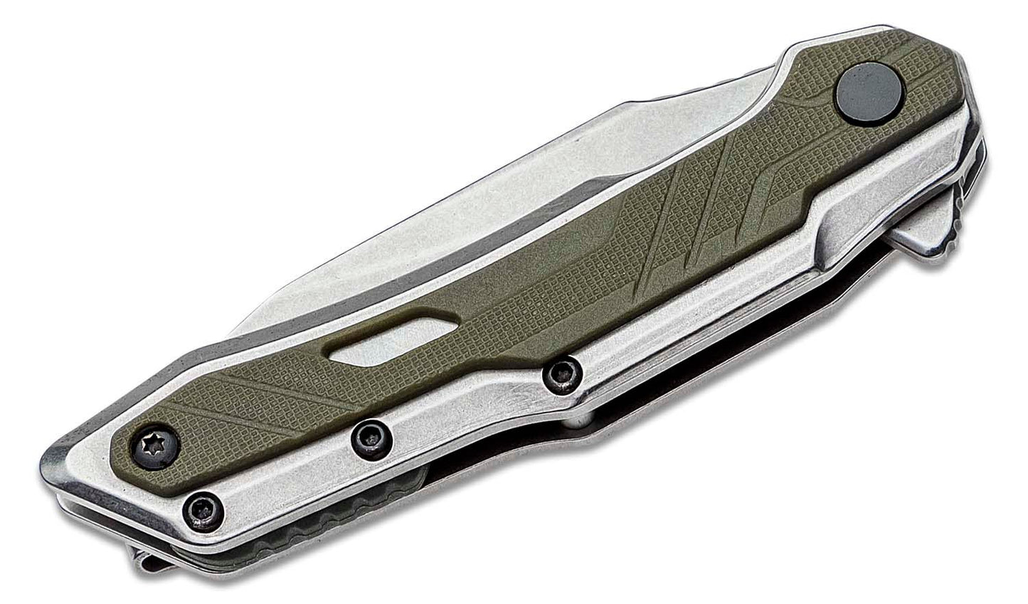 Kershaw Starter Series 1369 Salvage Assisted Flipper Knife 2.9" Stonewashed Clip Point Blade, Stainless Steel Handles with Olive GFN Overlays