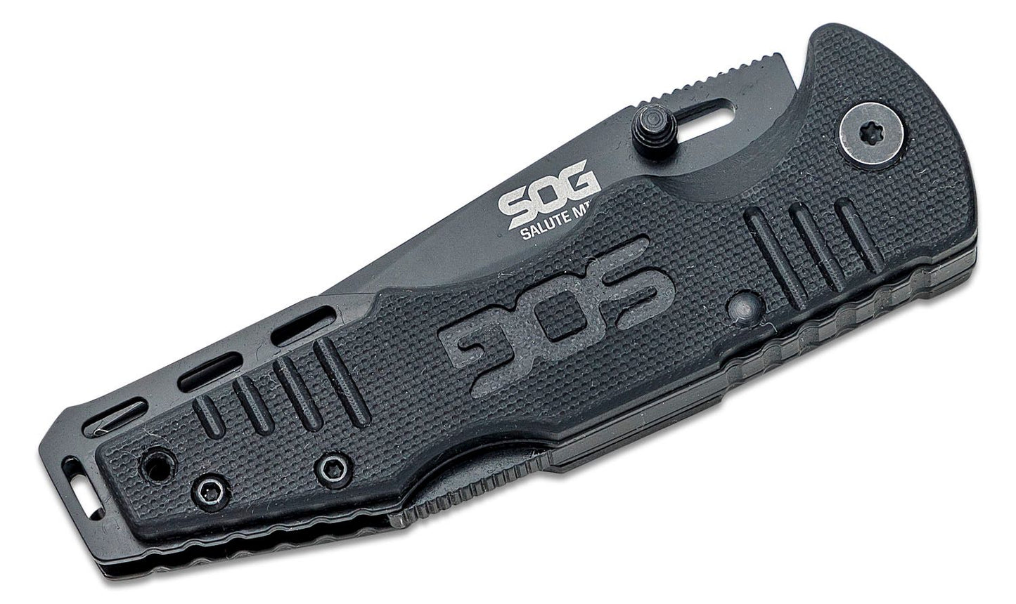 SOG Salute Mini Folding Knife 3.1" Black Plain Clip Point Blade, G10 Handles - FF1101-CP