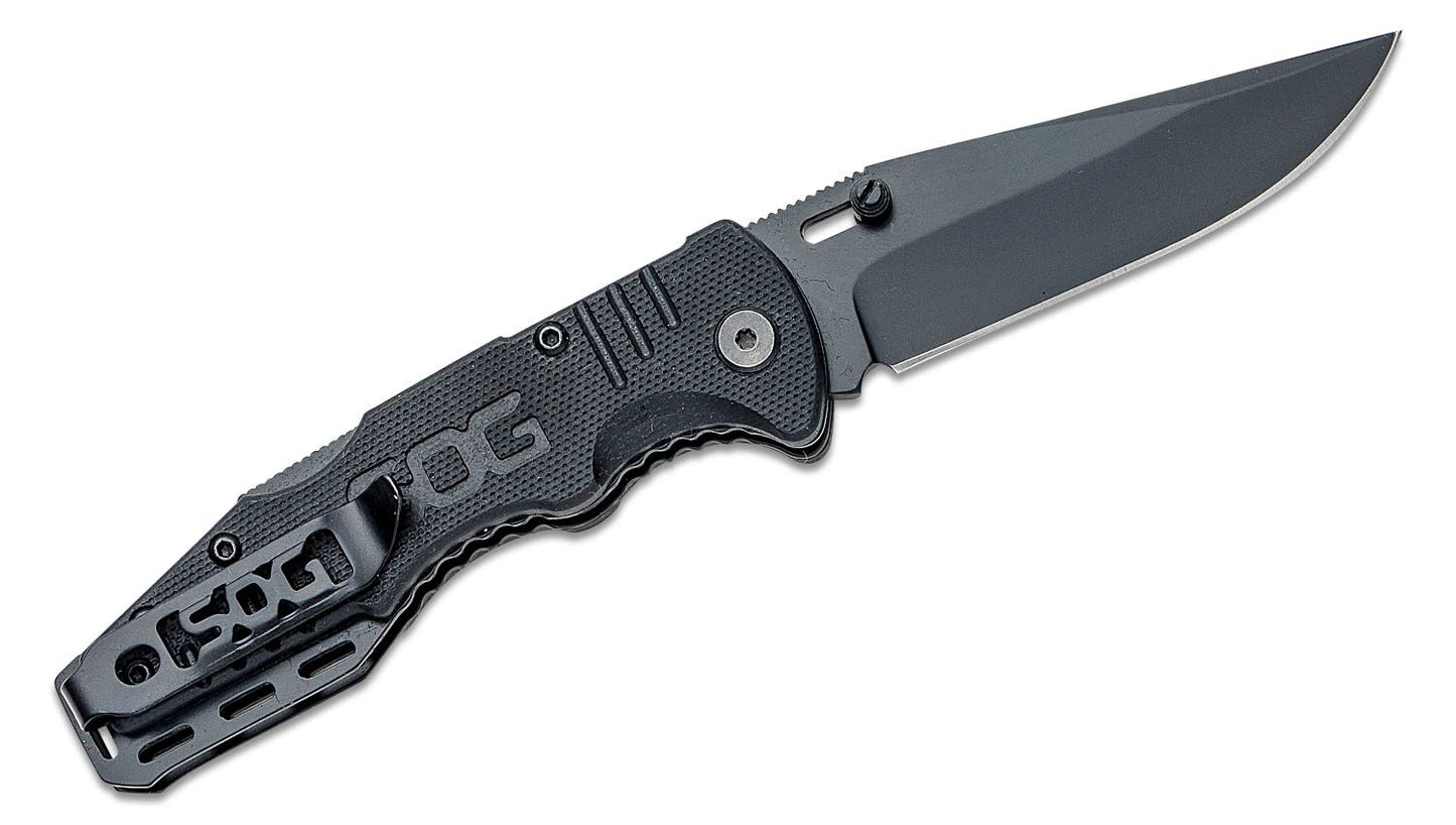 SOG Salute Mini Folding Knife 3.1" Black Plain Clip Point Blade, G10 Handles - FF1101-CP