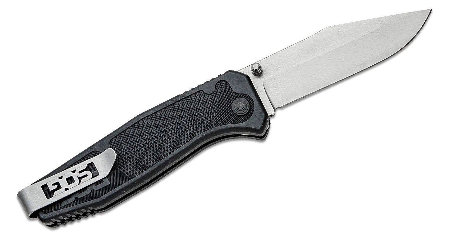 SOG Flare Assisted Folding Knife 3.5" Satin Plain Blade, Black GRN Handles - FLA1001-CP